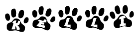 The image shows a series of animal paw prints arranged in a horizontal line. Each paw print contains a letter, and together they spell out the word Kelli.