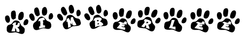 The image shows a series of animal paw prints arranged in a horizontal line. Each paw print contains a letter, and together they spell out the word Kimberlee.