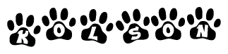The image shows a series of animal paw prints arranged in a horizontal line. Each paw print contains a letter, and together they spell out the word Kolson.