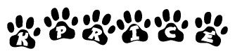 The image shows a series of animal paw prints arranged in a horizontal line. Each paw print contains a letter, and together they spell out the word Kprice.