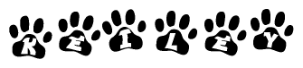 The image shows a series of animal paw prints arranged in a horizontal line. Each paw print contains a letter, and together they spell out the word Keiley.