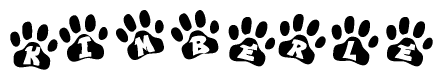 The image shows a row of animal paw prints, each containing a letter. The letters spell out the word Kimberle within the paw prints.