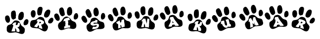 The image shows a series of animal paw prints arranged horizontally. Within each paw print, there's a letter; together they spell Krishnakumar