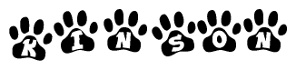 The image shows a row of animal paw prints, each containing a letter. The letters spell out the word Kinson within the paw prints.