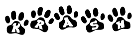 The image shows a series of animal paw prints arranged horizontally. Within each paw print, there's a letter; together they spell Krash