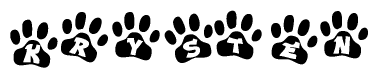The image shows a series of animal paw prints arranged in a horizontal line. Each paw print contains a letter, and together they spell out the word Krysten.