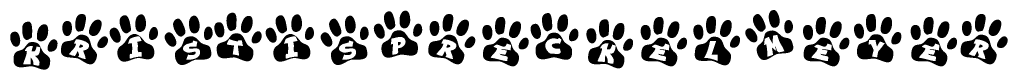 The image shows a series of animal paw prints arranged horizontally. Within each paw print, there's a letter; together they spell Kristispreckelmeyer