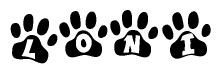 The image shows a series of animal paw prints arranged horizontally. Within each paw print, there's a letter; together they spell Loni