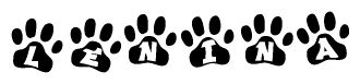 The image shows a row of animal paw prints, each containing a letter. The letters spell out the word Lenina within the paw prints.