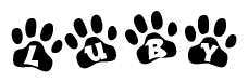 The image shows a series of animal paw prints arranged horizontally. Within each paw print, there's a letter; together they spell Luby