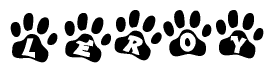 The image shows a series of animal paw prints arranged horizontally. Within each paw print, there's a letter; together they spell Leroy