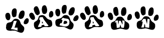 The image shows a series of animal paw prints arranged in a horizontal line. Each paw print contains a letter, and together they spell out the word Ladawn.