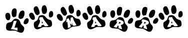 The image shows a row of animal paw prints, each containing a letter. The letters spell out the word Lamarra within the paw prints.