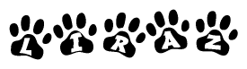 The image shows a row of animal paw prints, each containing a letter. The letters spell out the word Liraz within the paw prints.