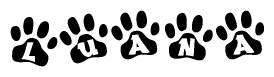 The image shows a row of animal paw prints, each containing a letter. The letters spell out the word Luana within the paw prints.