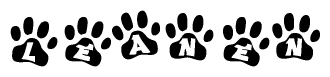 The image shows a row of animal paw prints, each containing a letter. The letters spell out the word Leanen within the paw prints.