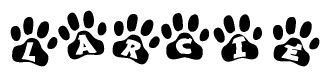 The image shows a series of animal paw prints arranged in a horizontal line. Each paw print contains a letter, and together they spell out the word Larcie.