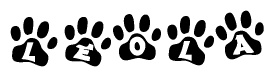 The image shows a row of animal paw prints, each containing a letter. The letters spell out the word Leola within the paw prints.