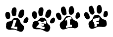 The image shows a series of animal paw prints arranged horizontally. Within each paw print, there's a letter; together they spell Leif