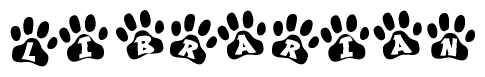The image shows a series of animal paw prints arranged in a horizontal line. Each paw print contains a letter, and together they spell out the word Librarian.