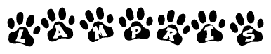 The image shows a row of animal paw prints, each containing a letter. The letters spell out the word Lampris within the paw prints.