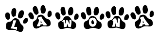 The image shows a row of animal paw prints, each containing a letter. The letters spell out the word Lawona within the paw prints.