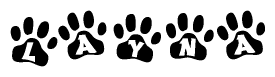 The image shows a series of animal paw prints arranged in a horizontal line. Each paw print contains a letter, and together they spell out the word Layna.
