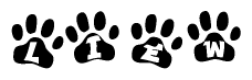 The image shows a series of animal paw prints arranged horizontally. Within each paw print, there's a letter; together they spell Liew