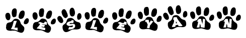 The image shows a series of animal paw prints arranged horizontally. Within each paw print, there's a letter; together they spell Lesleyann