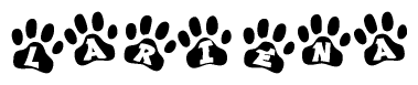 The image shows a row of animal paw prints, each containing a letter. The letters spell out the word Lariena within the paw prints.