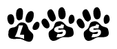 The image shows a series of animal paw prints arranged in a horizontal line. Each paw print contains a letter, and together they spell out the word Lss.