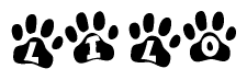 The image shows a row of animal paw prints, each containing a letter. The letters spell out the word Lilo within the paw prints.
