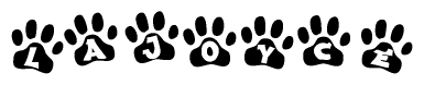 The image shows a series of animal paw prints arranged horizontally. Within each paw print, there's a letter; together they spell Lajoyce