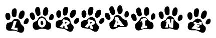 The image shows a series of animal paw prints arranged horizontally. Within each paw print, there's a letter; together they spell Lorraine
