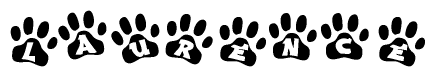 The image shows a series of animal paw prints arranged in a horizontal line. Each paw print contains a letter, and together they spell out the word Laurence.