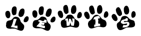The image shows a series of animal paw prints arranged in a horizontal line. Each paw print contains a letter, and together they spell out the word Lewis.
