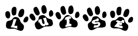 The image shows a series of animal paw prints arranged horizontally. Within each paw print, there's a letter; together they spell Luise