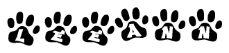The image shows a row of animal paw prints, each containing a letter. The letters spell out the word Leeann within the paw prints.