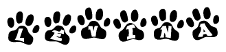 The image shows a series of animal paw prints arranged in a horizontal line. Each paw print contains a letter, and together they spell out the word Levina.