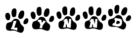 The image shows a series of animal paw prints arranged horizontally. Within each paw print, there's a letter; together they spell Lynnd
