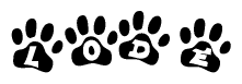 The image shows a series of animal paw prints arranged horizontally. Within each paw print, there's a letter; together they spell Lode