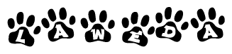 The image shows a series of animal paw prints arranged horizontally. Within each paw print, there's a letter; together they spell Laweda