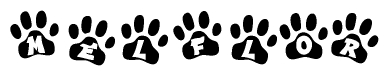 The image shows a series of animal paw prints arranged in a horizontal line. Each paw print contains a letter, and together they spell out the word Melflor.