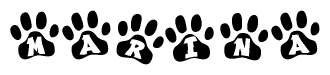 The image shows a series of animal paw prints arranged in a horizontal line. Each paw print contains a letter, and together they spell out the word Marina.