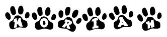 The image shows a series of animal paw prints arranged in a horizontal line. Each paw print contains a letter, and together they spell out the word Moriah.