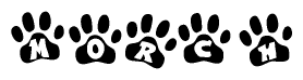 The image shows a row of animal paw prints, each containing a letter. The letters spell out the word Morch within the paw prints.