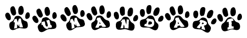 The image shows a series of animal paw prints arranged in a horizontal line. Each paw print contains a letter, and together they spell out the word Mumandari.