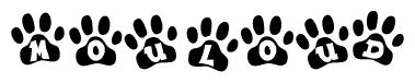 The image shows a row of animal paw prints, each containing a letter. The letters spell out the word Mouloud within the paw prints.