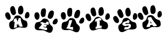 The image shows a series of animal paw prints arranged in a horizontal line. Each paw print contains a letter, and together they spell out the word Melisa.