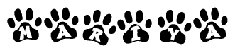 The image shows a series of animal paw prints arranged in a horizontal line. Each paw print contains a letter, and together they spell out the word Mariya.
